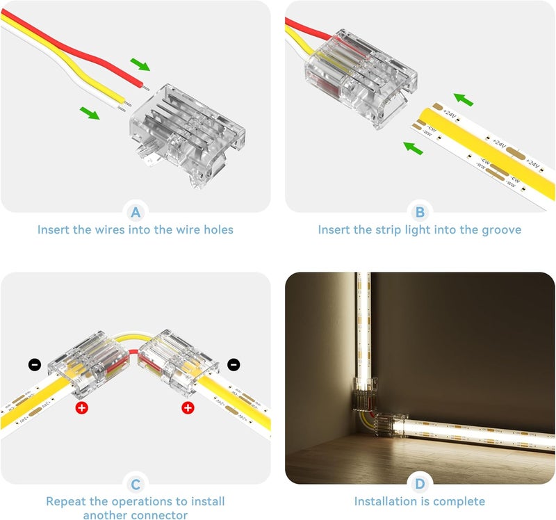 PAUTIX 10mm Connectors for 3-Pin CCT COB LED Strip Lights,20pcs Strip to Wire Connectors,10ft(305cm) Long 22AWG Extension 3 Wires for Non-Wired Gapless Solderless,5V 12V 24V LED Strip Lights Jumper - Image 5